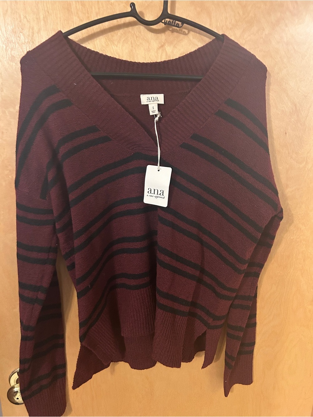 a.n.a Burgundy and Black Striped V-Neck Sweater